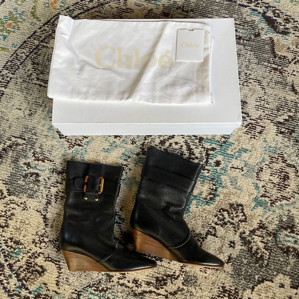 Chloe Prince Calf Boot Wedge Heel Leather Black Size 6.5 US